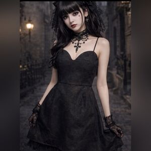 NSR Size Large Gothic Lolita Black Gold Shimmer Spaghetti Strap Mini Dress NWT